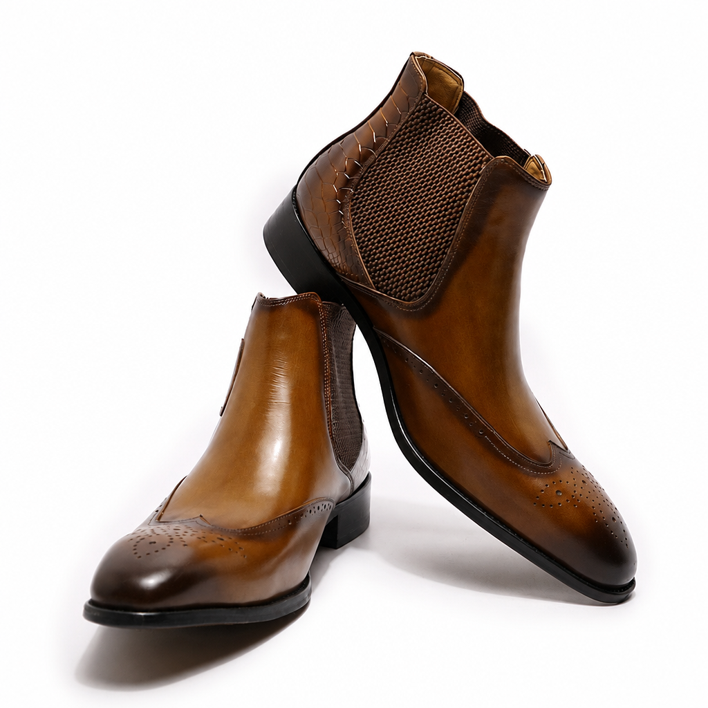 Men's genuine leather Chelsea slip-on buckle ankle boots brown