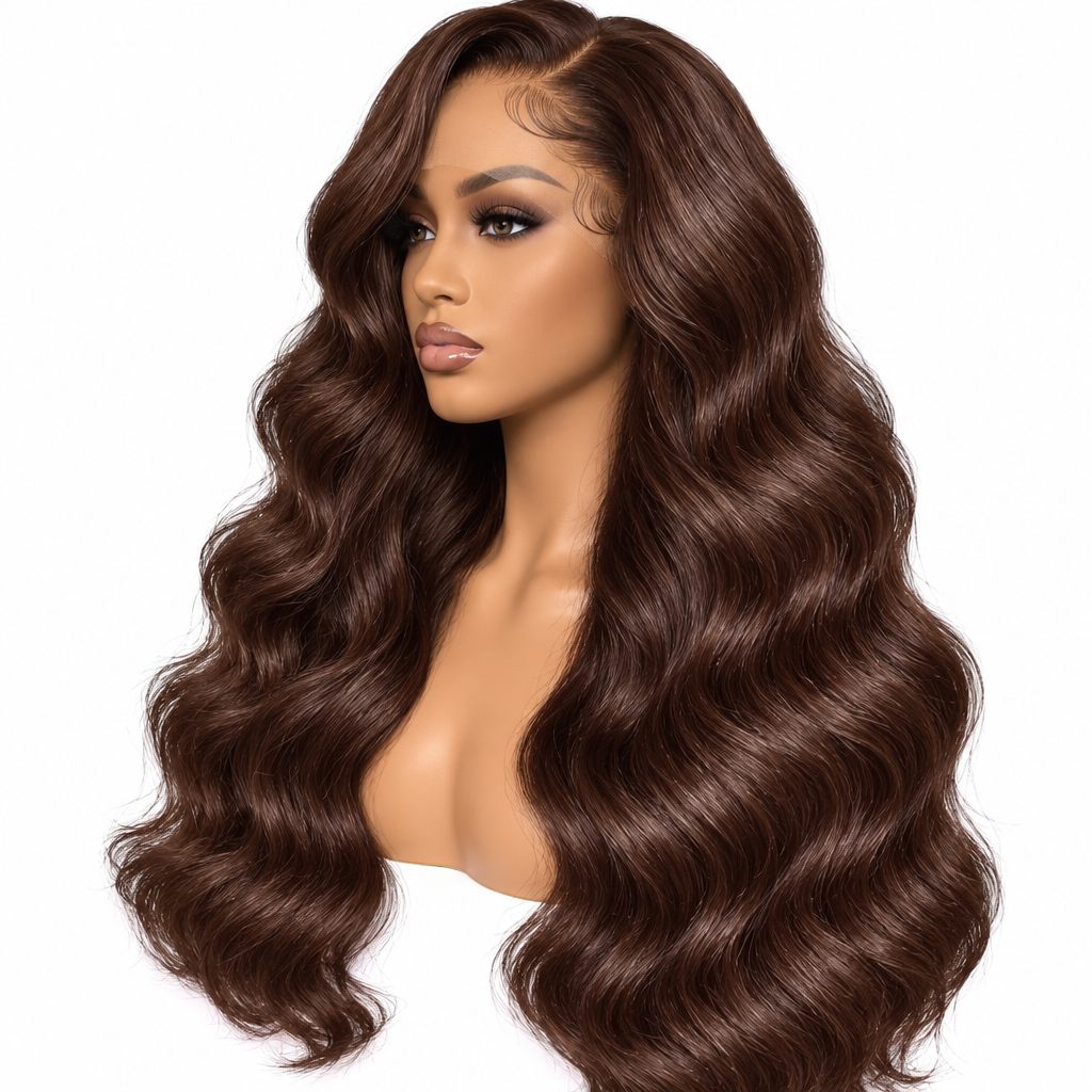 Chocolate brown body wave HD lace front wig side view