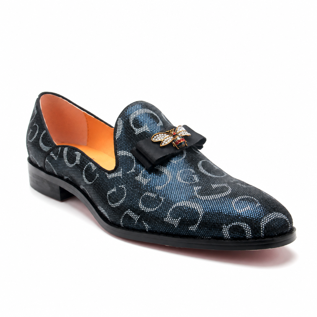 Men's genuine leather bee loafers slip-on dress shoes black blue