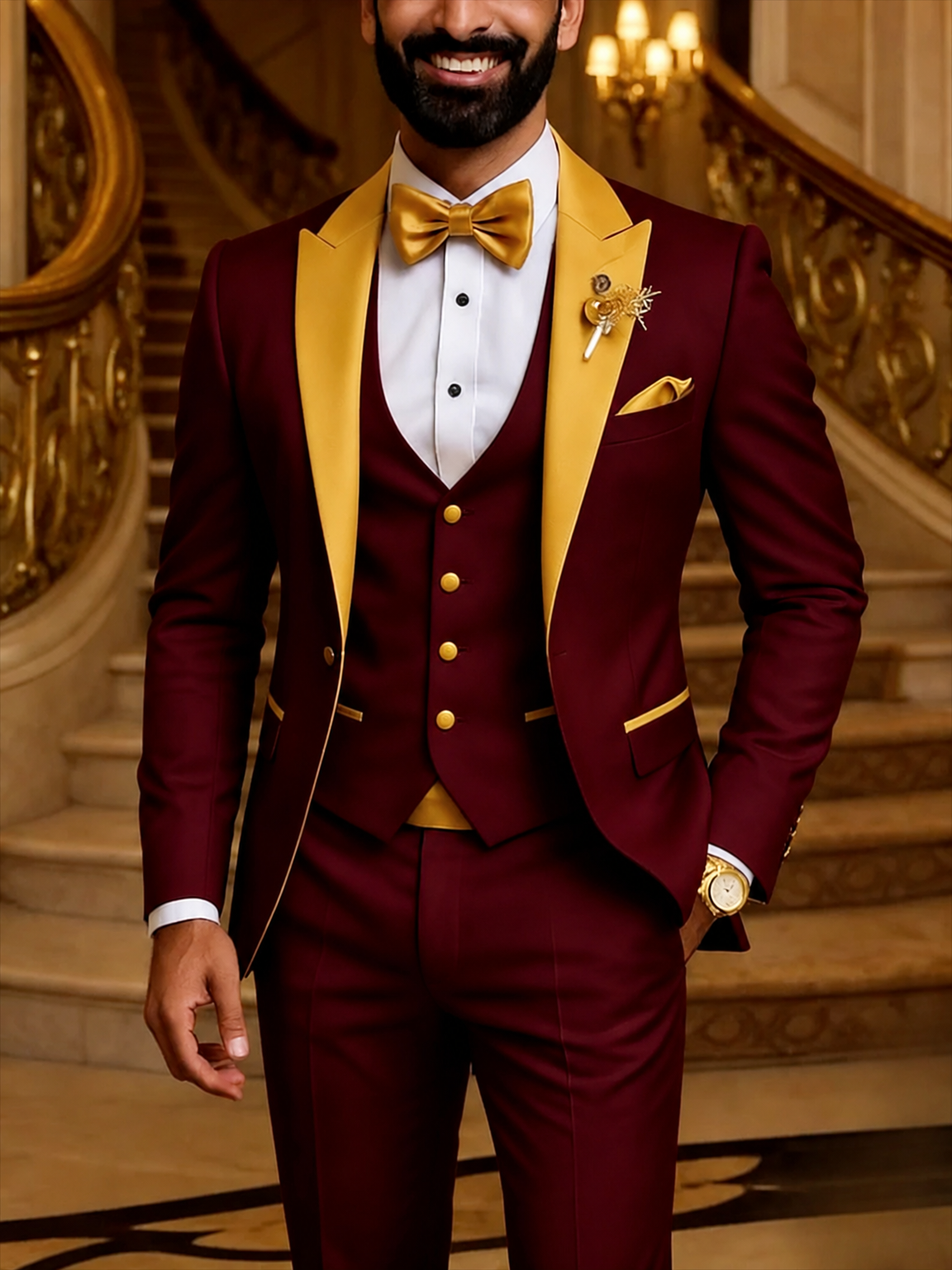 Men's navy blue gold 3-piece tuxedo suit clean product photo