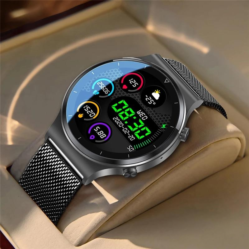 Men's LIGE smartwatch heart rate blood pressure black mesh clean product photo