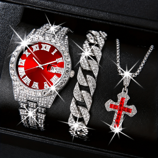Men's 3-piece diamond quartz watch bracelet and necklace set