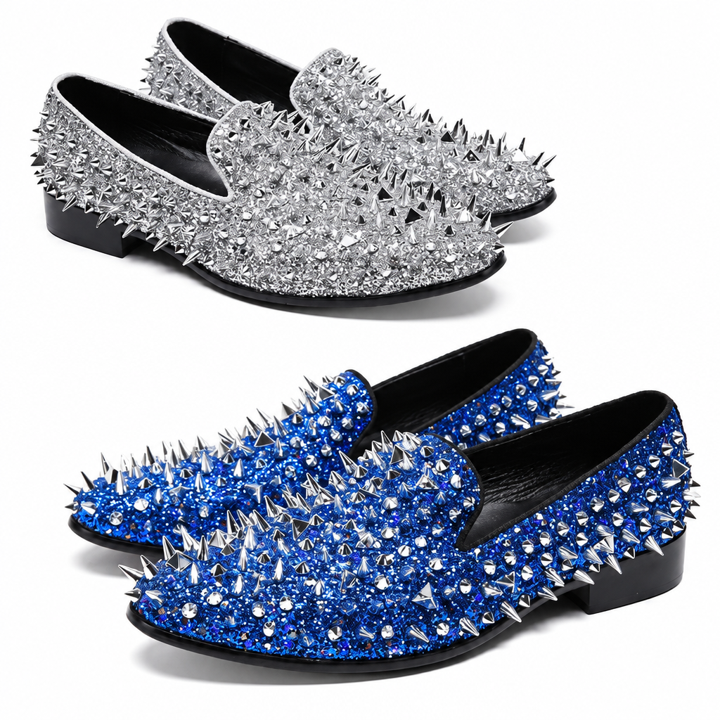 Men's blue bling spike slip-on loafer dress shoes