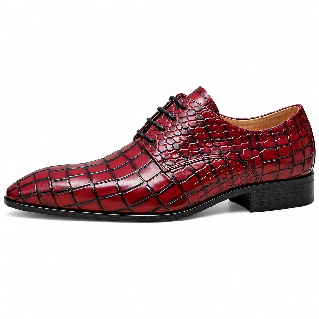 Red black printed derby oxford side profile