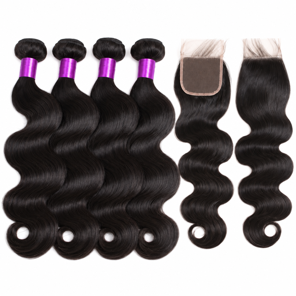Brazilian body wave human hair bundles with lace closure flat lay
