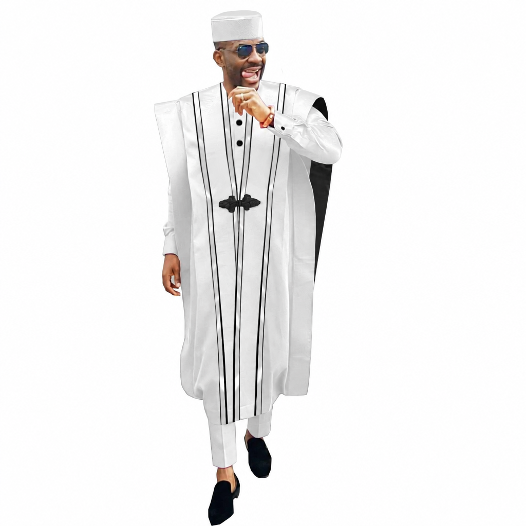 Men's 4-piece white Agbada outfit robe shirt pants hat
