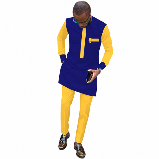 Men's African dashiki shirt and pants blue yellow two-piece set