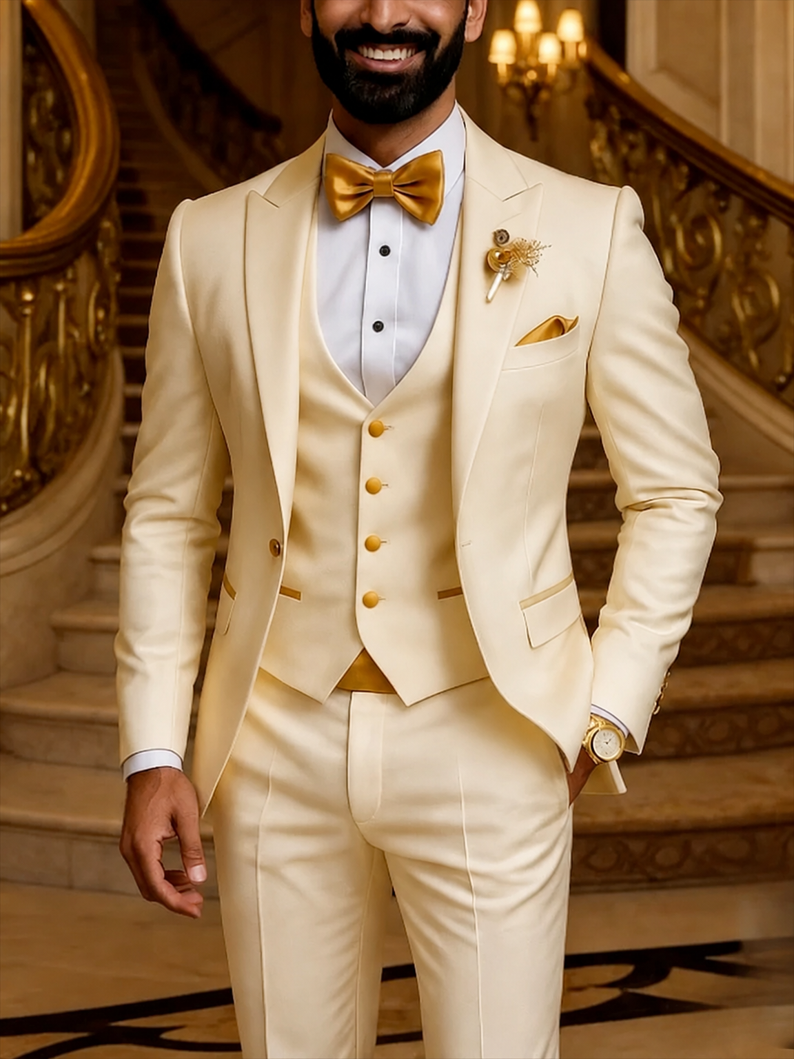 Men's emerald green gold 3-piece tuxedo suit clean product photo