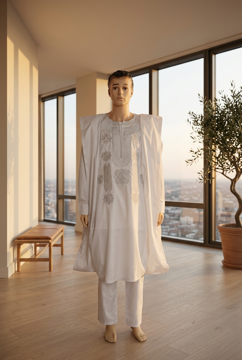 Men's white embroidered Agbada robe set
