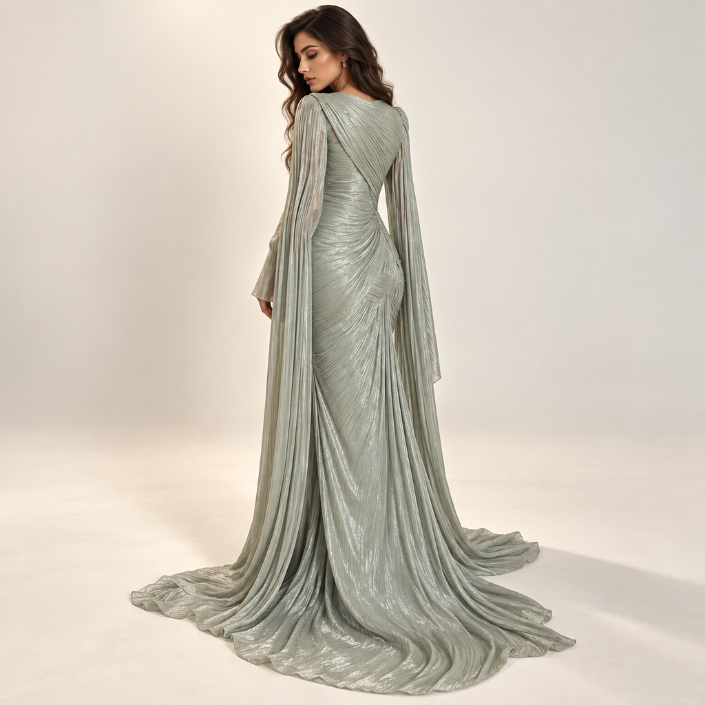 Sage green evening gown train side view