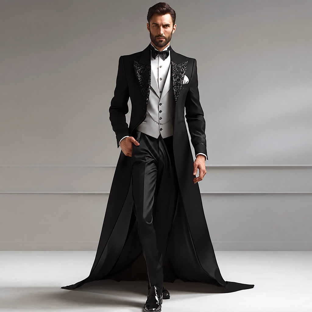 Men's black sparkly sequin lapel prom tuxedo 3-piece with train