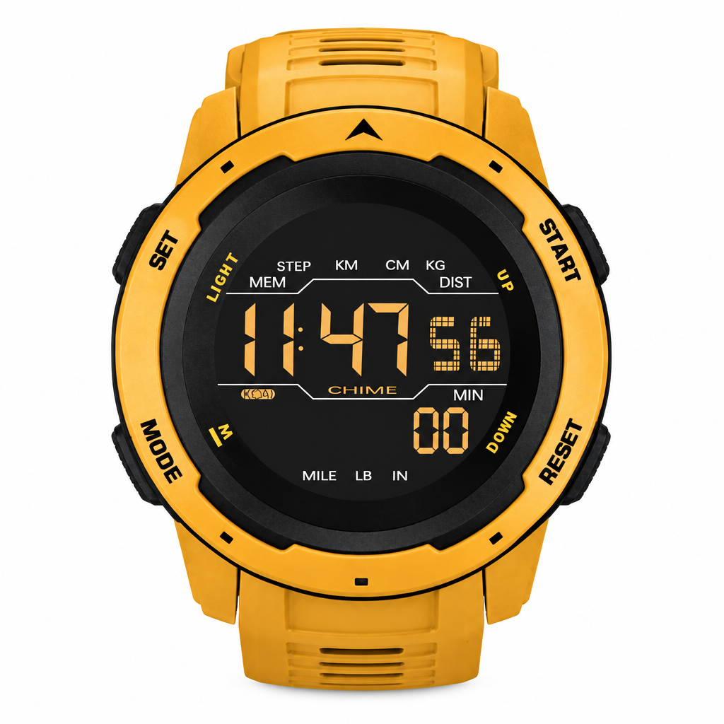 Men's yellow NORTH EDGE digital sport watch clean product photo