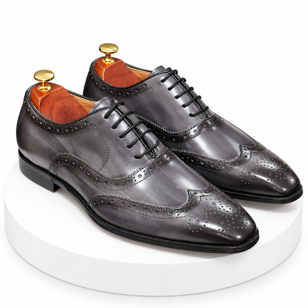 Men's grey handmade leather wingtip oxford dress shoes clean product photo