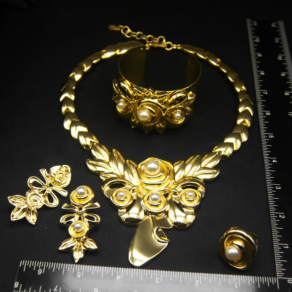 Women's Gold Plated Jewelry Set: Necklace, Earrings, Ring and Bracelet