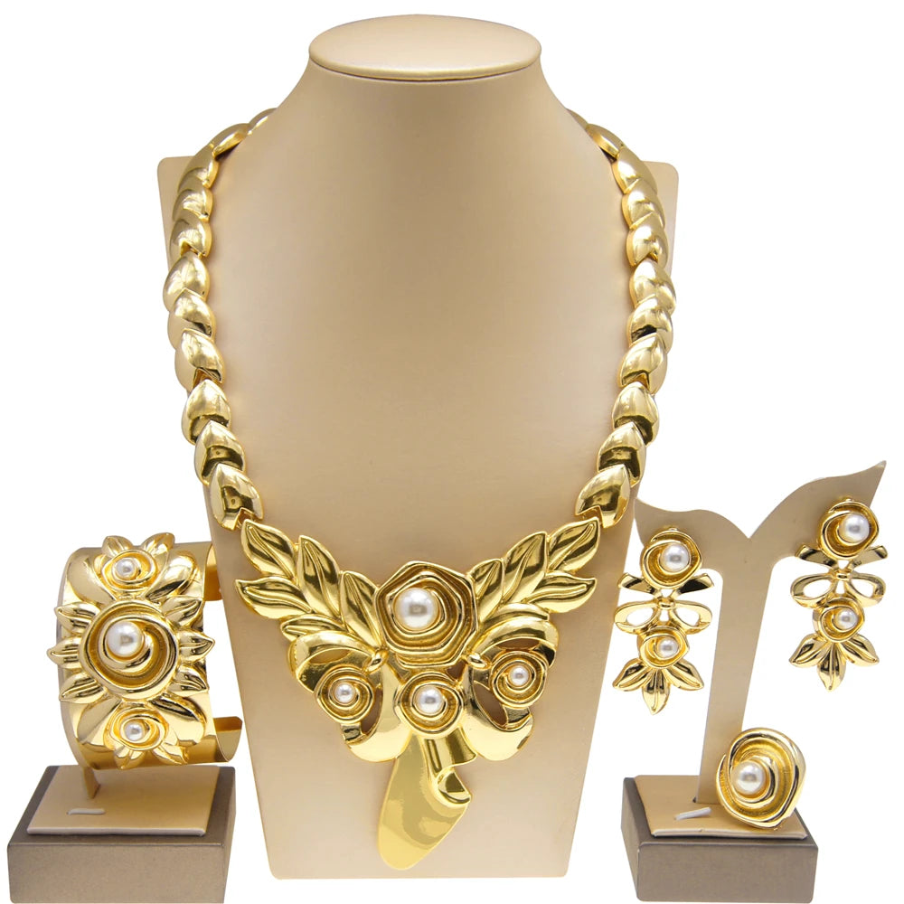 Women's Gold Plated Jewelry Set: Necklace, Earrings, Ring and Bracelet