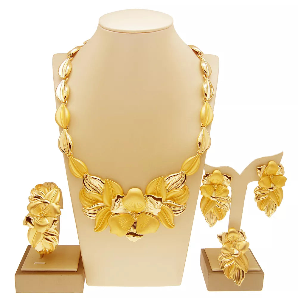 Women's Gold-Plated Bud Pendant Jewelry Set, Necklace Earrings