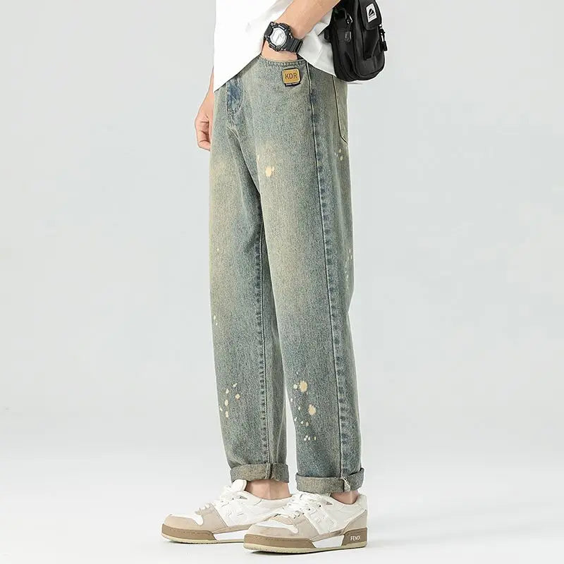 Unisex Washed Denim Straight-Leg Slim-Fit Casual Jeans