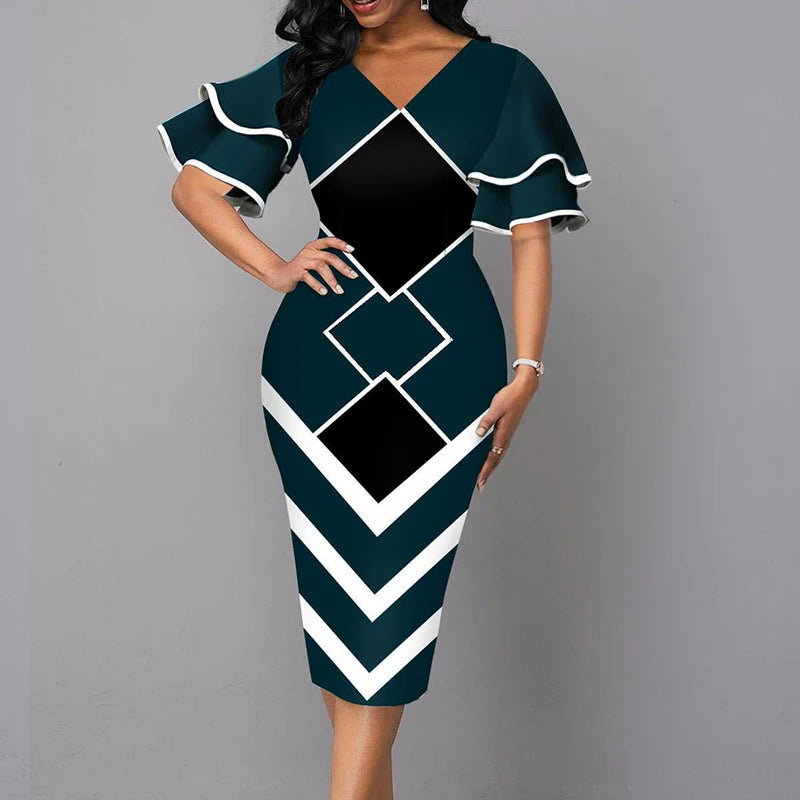 Women's V-Neck Short Sleeve Patchwork Slim Party Dress
