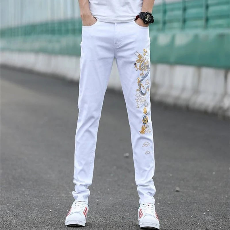 Men's White Slim Stretch Embroidery Street Jeans