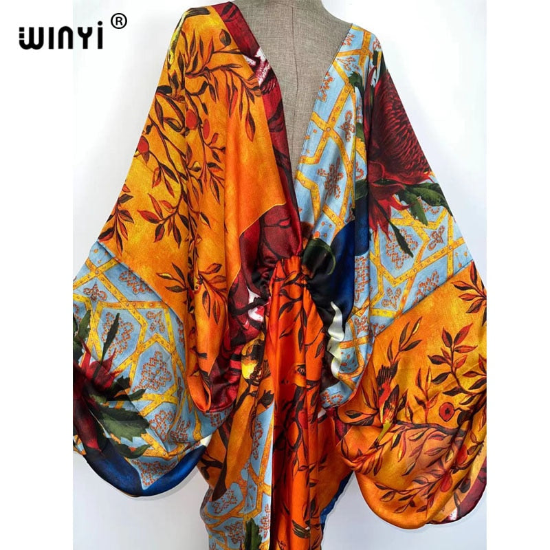 Women's Silk Rayon Print Bohemian V-Neck Beach Maxi Dress