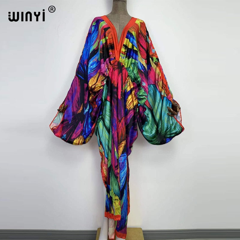 Women's Silk Rayon Print Bohemian V-Neck Beach Maxi Dress