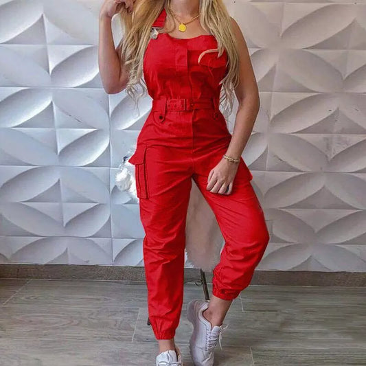 Women's Sleeveless Cargo Playsuit Pencil Pants Overalls