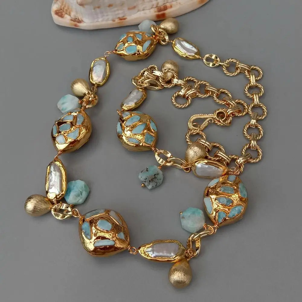 Women's Blue Larimar White Biwa Pearl Gold Chain Necklace 30"