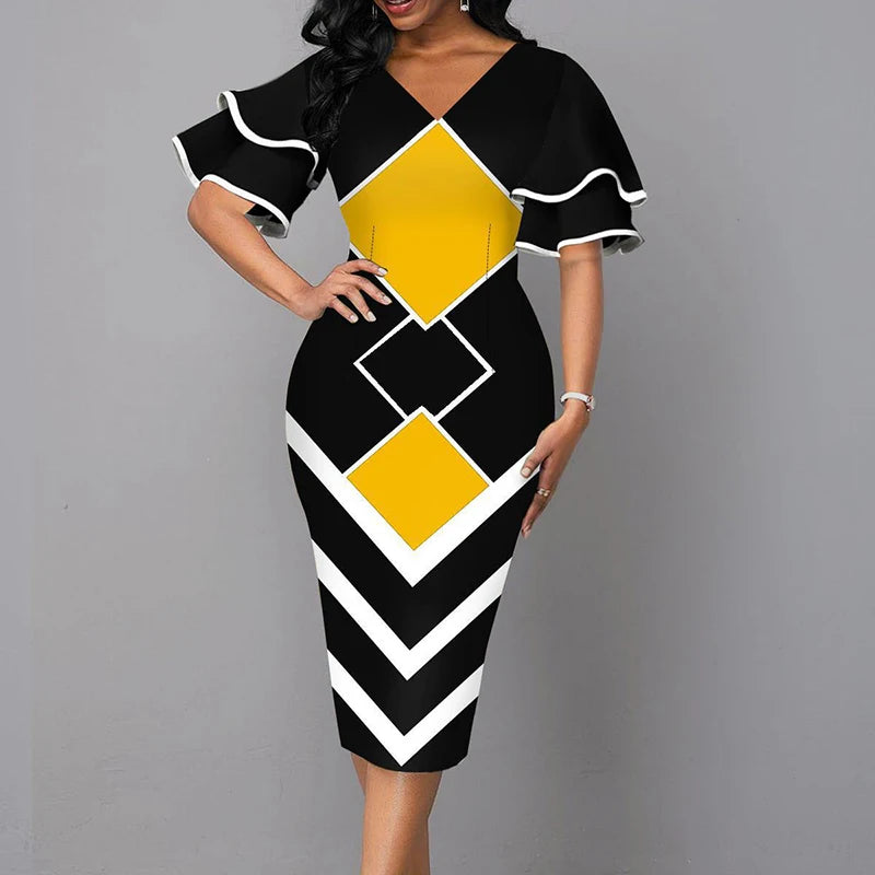 Women's V-Neck Short Sleeve Patchwork Slim Party Dress