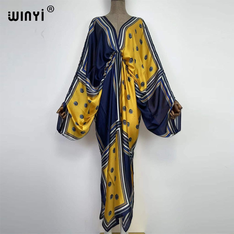 Women's Silk Rayon Print Bohemian V-Neck Beach Maxi Dress