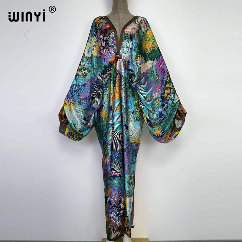 Women's Silk Rayon Print Bohemian V-Neck Beach Maxi Dress