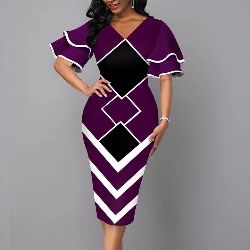 Women's V-Neck Short Sleeve Patchwork Slim Party Dress