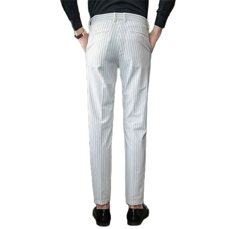 Men's White Vertical-Stripe Slim Business Suit Pants, Blue Black Slacks