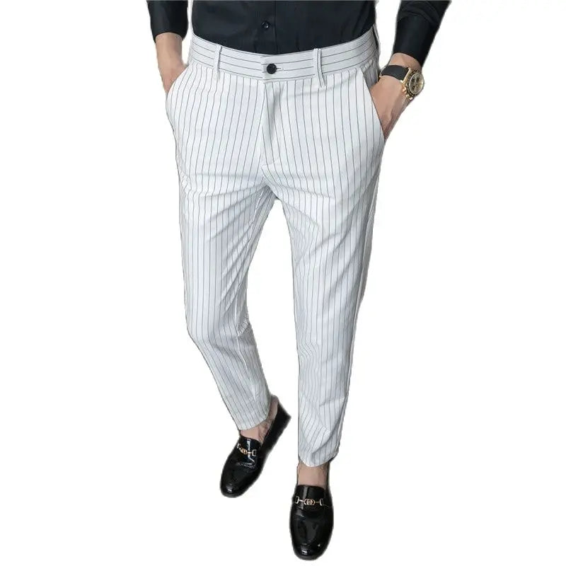 Men's White Vertical-Stripe Slim Business Suit Pants, Blue Black Slacks