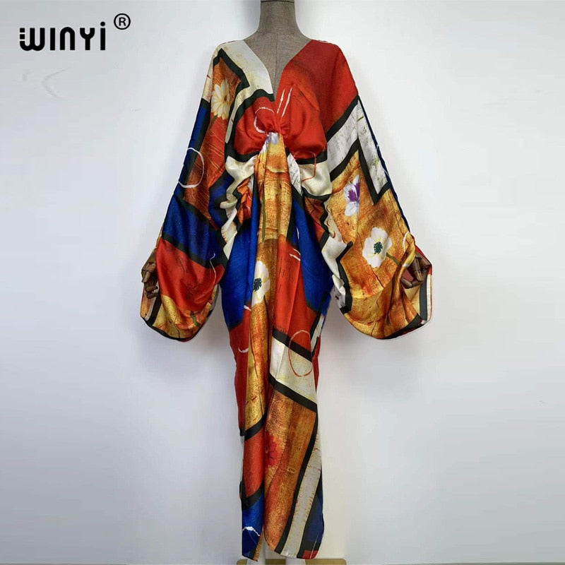 Women's Silk Rayon Print Bohemian V-Neck Beach Maxi Dress