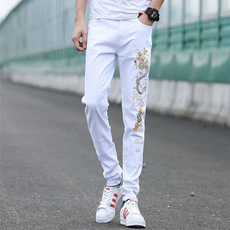 Men's White Slim Stretch Embroidery Street Jeans