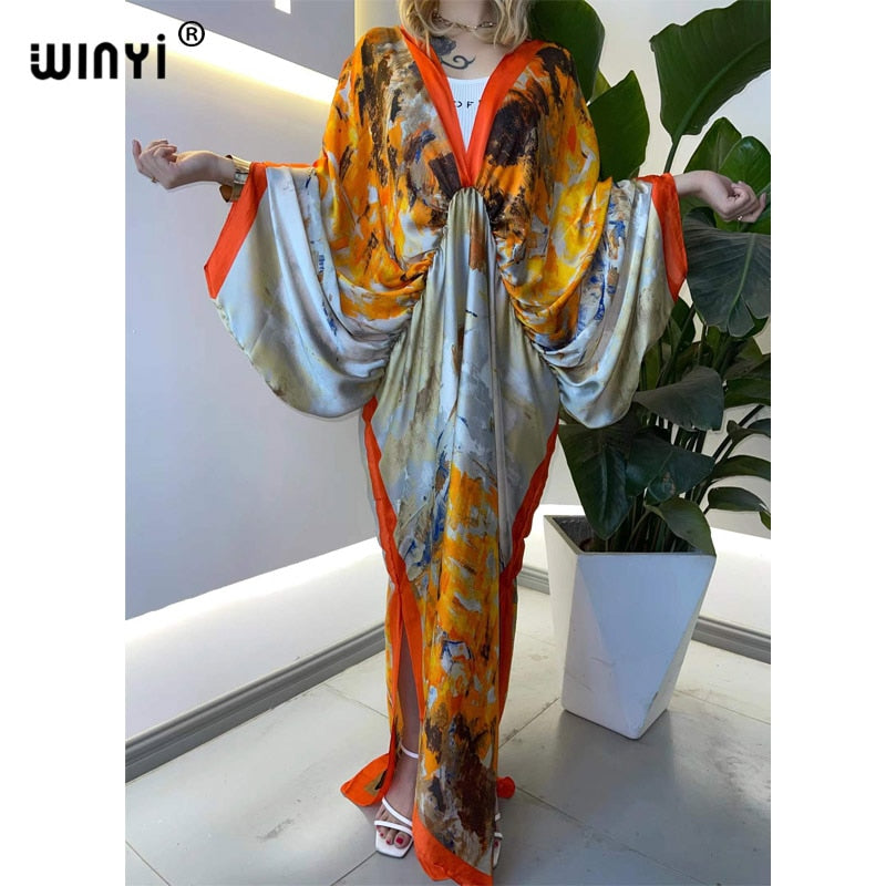 Women's Silk Rayon Print Bohemian V-Neck Beach Maxi Dress