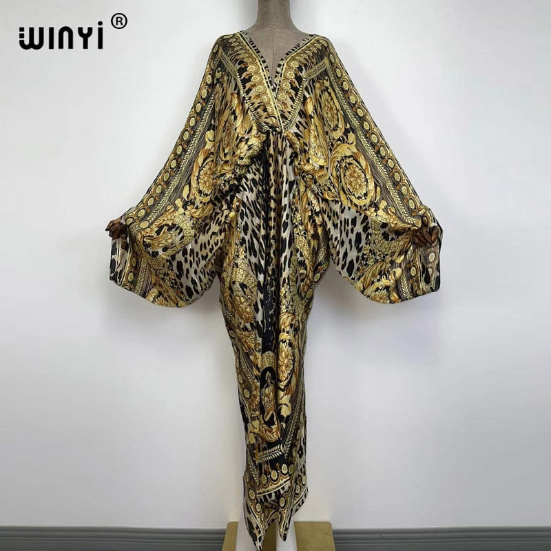 Women's Silk Rayon Print Bohemian V-Neck Beach Maxi Dress