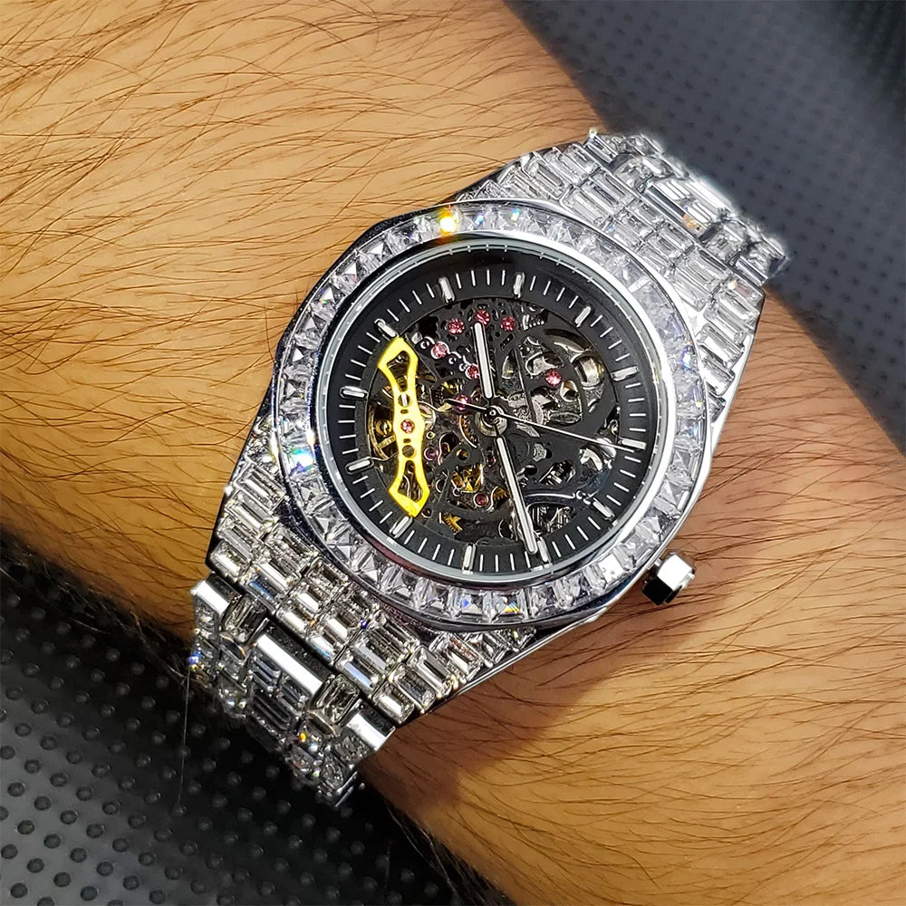 Men's Automatic Diamond Skeleton Mechanical Splash-Resistant Wristwatch