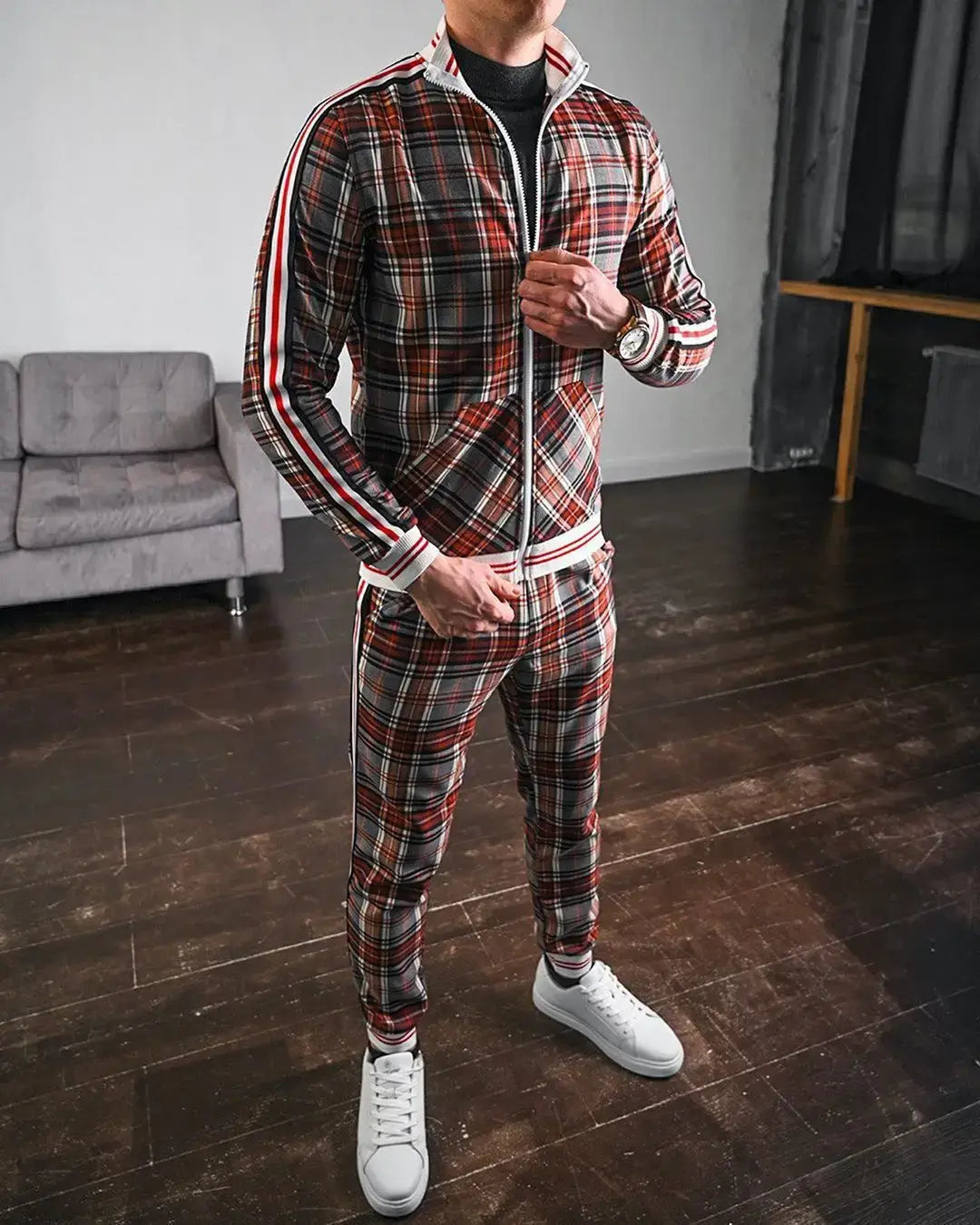 Mens Tracksuits Colorful Plaid Casual Zipper Hoodie Set 3D Print Set New Autumn Male Sweatshirt Clothes For Men
