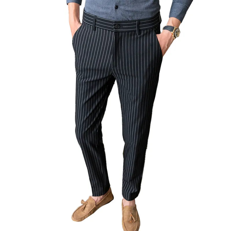Men's White Vertical-Stripe Slim Business Suit Pants, Blue Black Slacks