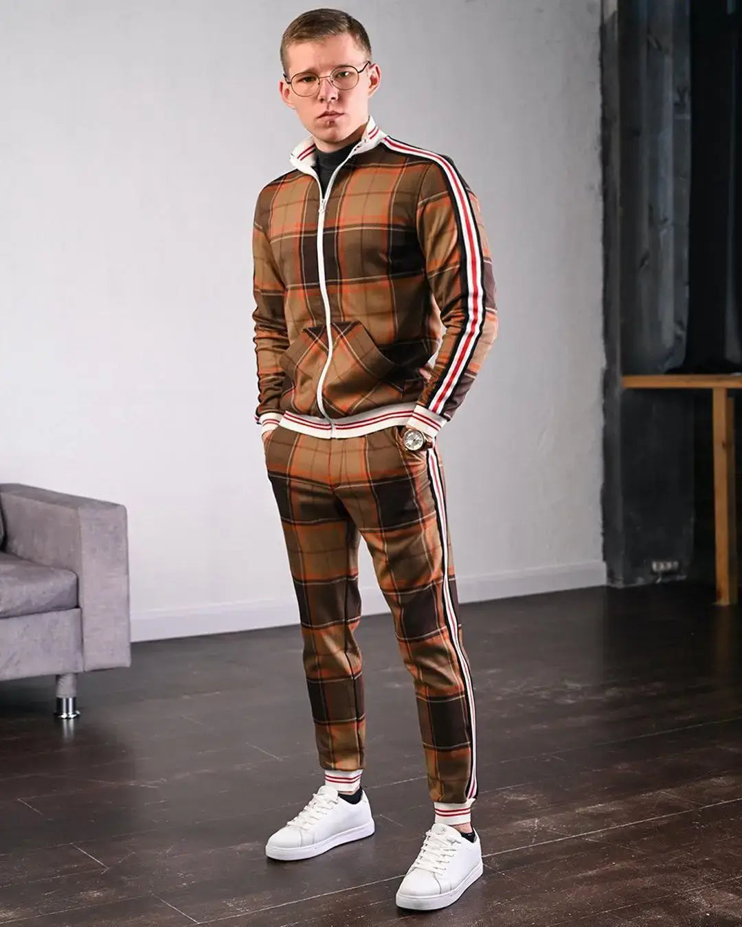 Mens Tracksuits Colorful Plaid Casual Zipper Hoodie Set 3D Print Set New Autumn Male Sweatshirt Clothes For Men