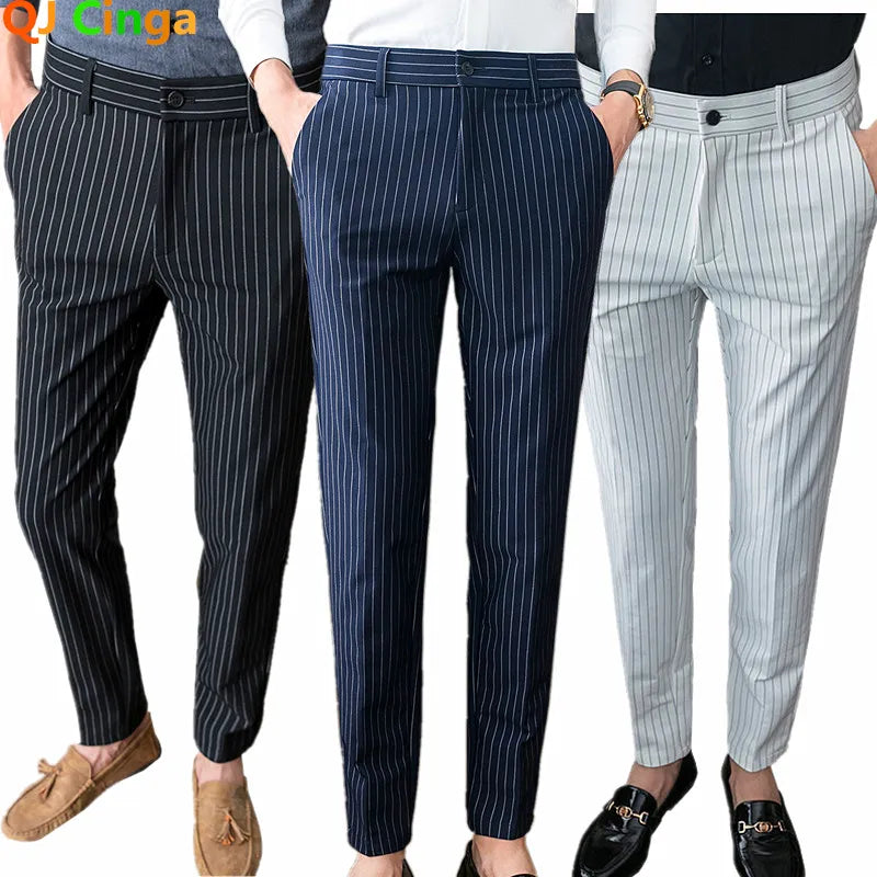 Men's White Vertical-Stripe Slim Business Suit Pants, Blue Black Slacks