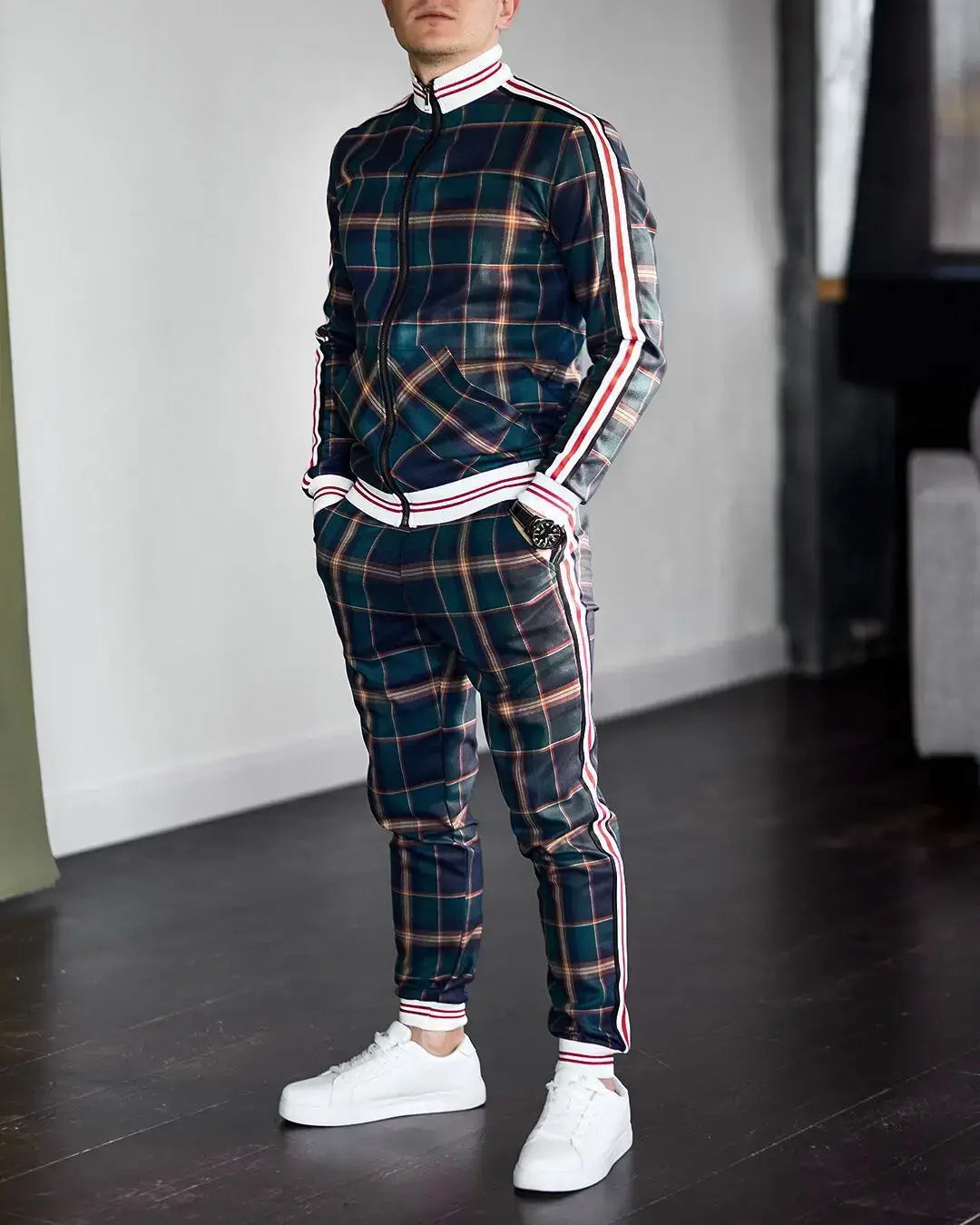 Mens Tracksuits Colorful Plaid Casual Zipper Hoodie Set 3D Print Set New Autumn Male Sweatshirt Clothes For Men