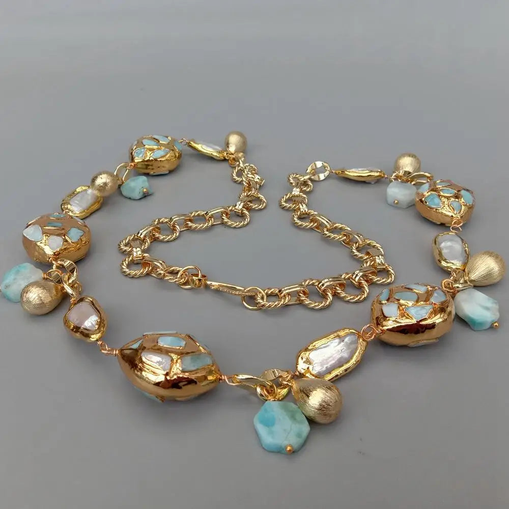 Women's Blue Larimar White Biwa Pearl Gold Chain Necklace 30"