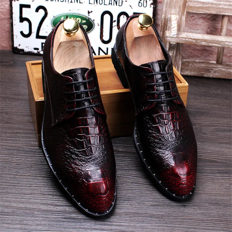 Men's crocodile leather lace-up oxford shoes wine red with wooden box
