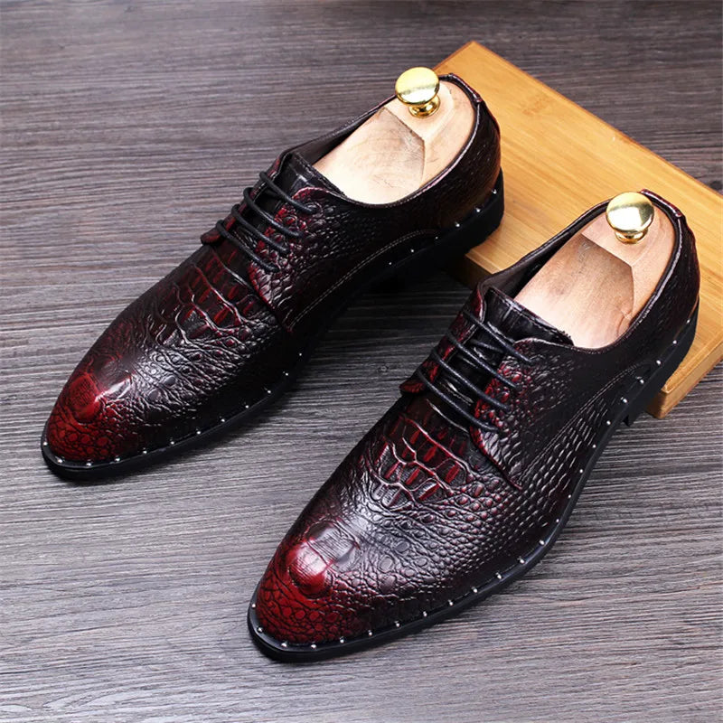 Men's crocodile leather lace-up oxford dress shoes wine red pair