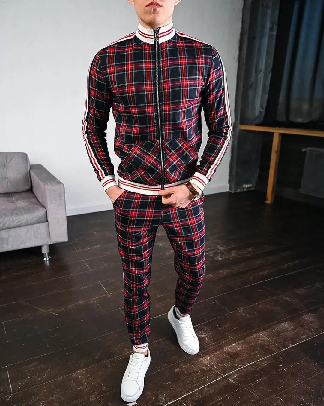 Mens Tracksuits Colorful Plaid Casual Zipper Hoodie Set 3D Print Set New Autumn Male Sweatshirt Clothes For Men