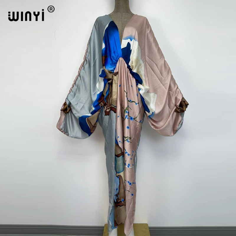 Women's Silk Rayon Print Bohemian V-Neck Beach Maxi Dress
