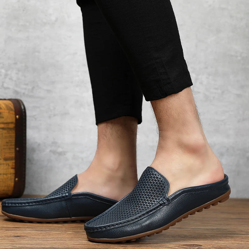 Men's Italian Genuine Leather Non-Slip Moccasin Slide Shoes