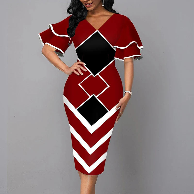 Women's V-Neck Short Sleeve Patchwork Slim Party Dress